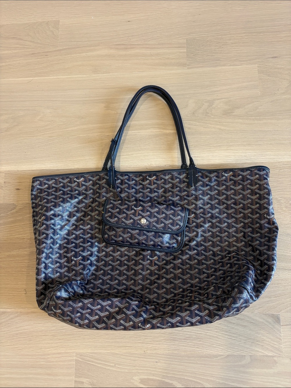 Goyard Large GM  Navy Canvas Tote with Brown. Perfect condition on outside